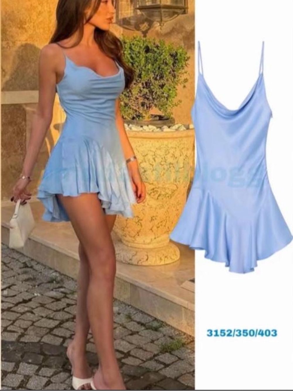 Zara Light Blue Cowl Neck Ruffle Slip Dress